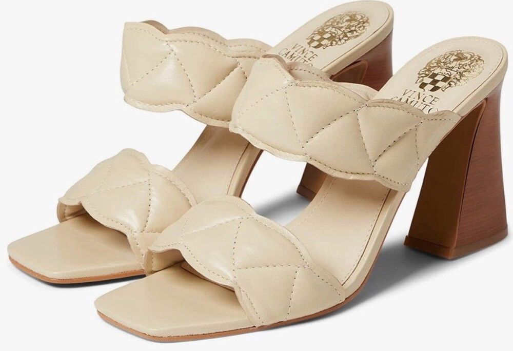 Vince Camuto Womens Renneya Slides Sandals Beige Double Strap Quilted 8.5M GUC